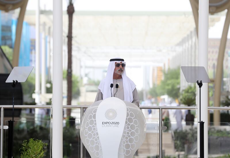 Sheikh Nahyan bin Mubarak, Minister of Tolerance and Coexistence, speaks at a flag-raising ceremony for Guyana at Expo 2021 Dubai. All photos: Chris Whiteoak / The National