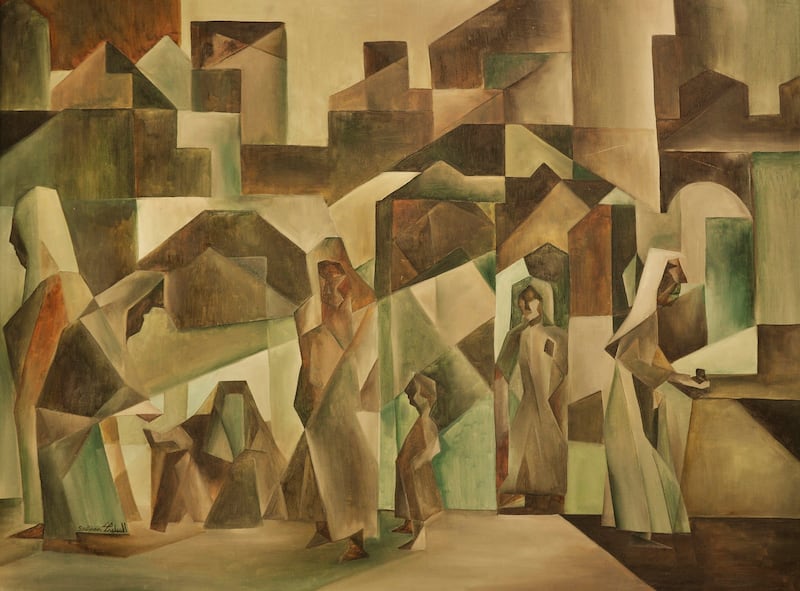 'Worshippers Leaving the Mosque' (1981) by Abdulrahman Alsoliman, a Saudi fine art pioneer. Photo: Abdulrahman Alsoliman / Barjeel Art Foundation