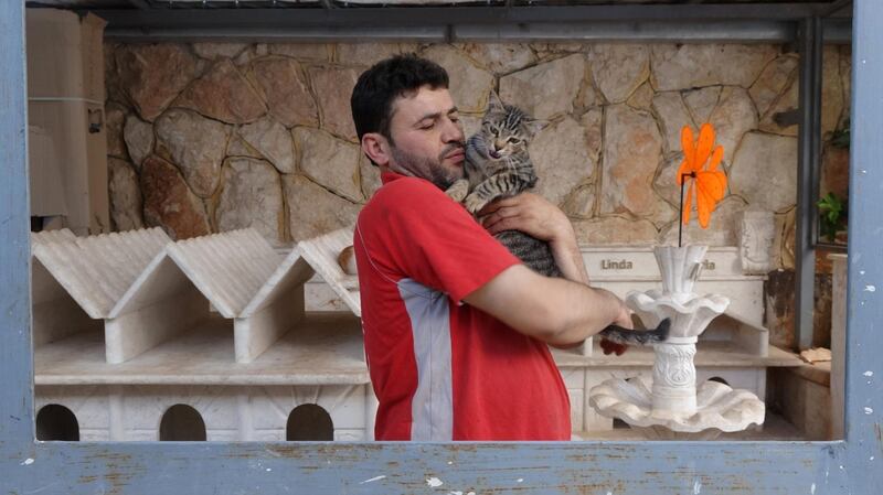 ALEPPO, SYRIA - JUNE 07: Syrian veterinary Mohammed Alaa al-Jaleel holds a stray cat at a cat shelter, which hosts 150 stray cats and established to save stray cats due to the civil war,  in Kafr Naha town of Aleppo, Syria on June 07, 2018. (Photo by Adnan Alemam/Anadolu Agency/Getty Images)