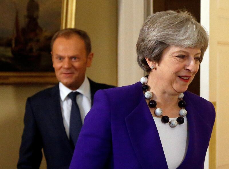 FILE PHOTO: Britain's Prime Minister Theresa May meets with European Union Council President Donald Tusk at 10 Downing Street in London, Britain, March 1, 2018. REUTERS/Frank Augstein/Pool/File Photo