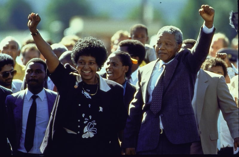 ANC ldr. Nelson Mandela and wife Winnie raising fists upon his release from Victor Verster prison after 27 yrs.  (Photo by Allan Tannenbaum/The LIFE Images Collection via Getty Images/Getty Images)