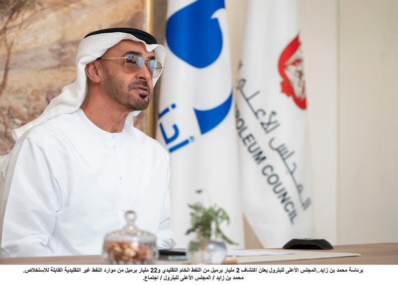 ABU DHABI, UNITED ARAB EMIRATES - November 22, 2020: HH Sheikh Mohamed bin Zayed Al Nahyan, Crown Prince of Abu Dhabi and Deputy Supreme Commander of the UAE Armed Forces (L) chairs a virtual Supreme Petroleum Council meeting.

( Hamed Al Mansoori for the Ministry of Presidential Affairs )
---