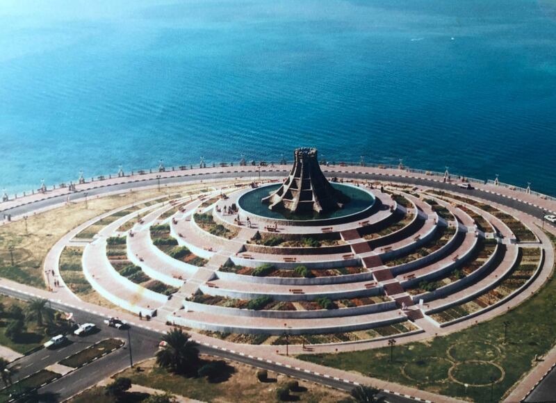 An elevated view of the Volcano Fountain on Abu Dhabi's Corniche, showing its circular tiers and gardens, taken at some point between 1988 and 1990. Courtesy: Sarwat Nasir