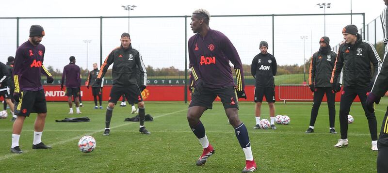 MANCHESTER, ENGLAND - OCTOBER 27: Bruno Fernandes, Nemanja Matic, Paul Pogba, Anthony Martial, Victor Lindelof of Manchester United in action during a first team training session ahead of the UEFA Champions League Group H stage match between Manchester United and RB Leipzig at Aon Training Complex on October 27, 2020 in Manchester, England. (Photo by Matthew Peters/Manchester United via Getty Images)