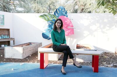 DUBAI, UNITED ARAB EMIRATES , November 10 – 2020 :- Monica Valrani, CEO at the Ladybird nursery at the Jumeirah Village Circle in Dubai. Covid safety setup placed in different areas of the nursery such as 1.5 meter distance on the sitting bench in the class room, hand sanitizer, safety message, social distancing stickers pasted on the floor and disinfectant spray guns for all the kids and visitors for their bags when they enter the nursery. (Pawan Singh / The National) For News/Online. Story by Nick Webster