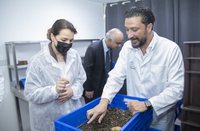 Haythem Riahi, founder of Circa Biotech, with Mariam Al Mheiri, Minister of Climate Change and Environment, and Minister of State for Food Security. The company is in the final round of the Global Food Tech Challenge. Photo: Global Food Tech Challenge