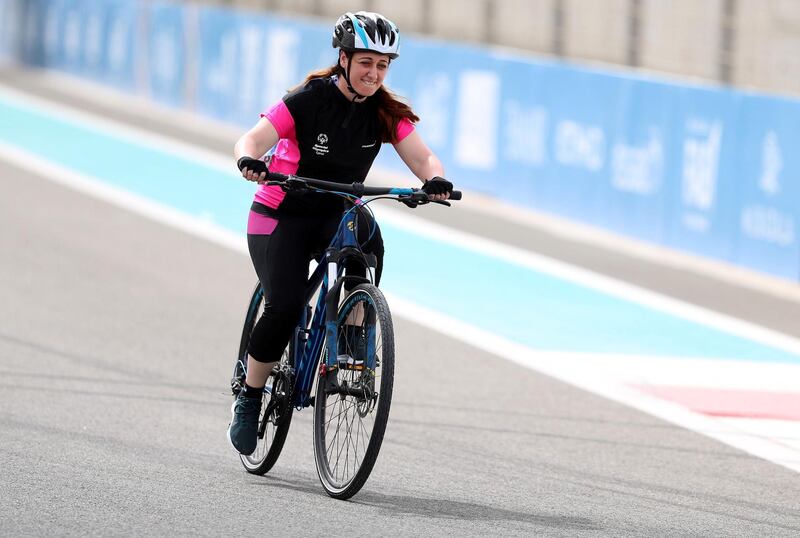 Abu Dhabi, United Arab Emirates - March 17, 2019: Stella Paraskevi Papavasiliou of Cyprus competes in the 5km time trial during the cycling at the Special Olympics. Sunday the 17th of March 2019 Yas Marina Circuit, Abu Dhabi. Chris Whiteoak / The National