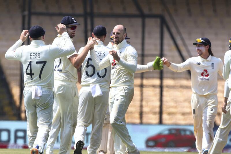 Matthew Jack Leach of England  celebrates the wicket of Ravichandran Ashwin of India during day five of the first test match between India and England held at the Chidambaram Stadium in Chennai, Tamil Nadu, India on the 9th February 2021

Photo by Pankaj Nangia/ Sportzpics for BCCI