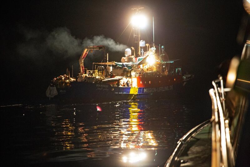 epa06838249 A handout photo made available by German NGO 'Mission Lifeline' on 25 June 2018 shows a night view on the NGO's rescue vessel 'Lifeline' in the Mediterranean, 25 June 2018. Members of the German parliament Bundestag on 25 June reported from their visit to the ship saying they witnessed a 'catastrophic' situation. Both Italy and Malta deny the ship an entry to one of their country's ports.  EPA/Felix Weiss / HANDOUT  HANDOUT EDITORIAL USE ONLY/NO SALES