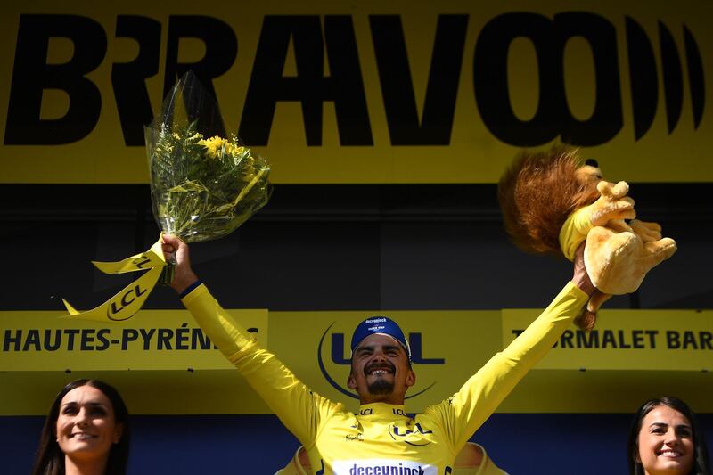 France's Julian Alaphilippe celebrates after the 14th stage between Tarbes and Tourmalet Bareges,  on July 20, 2019.  AFP