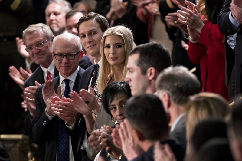Ivanka Trump, assistant to US President Donald Trump, centre, and Jared Kushner, senior White House adviser, centre left, clap as guests are introduced during a State of the Union address by US President Donald Trump. Andrew Harrer / Bloomberg