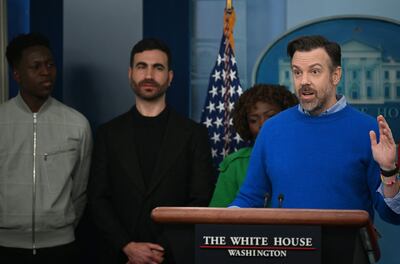 British actors Toheeb Jimoh and Brett Goldstein stand next to White House Press Secretary Karine Jean-Pierre as US actor Jason Sudeikis speaks during the daily White House briefing. AFP