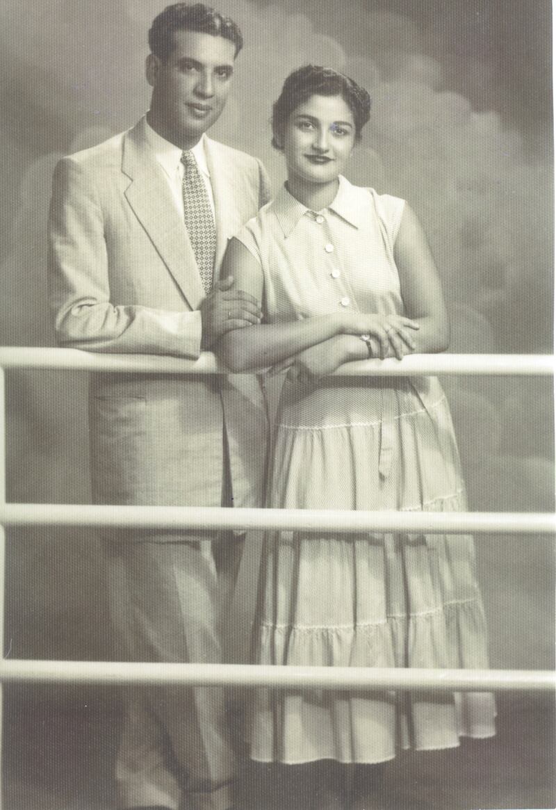 Both originally from Palestine, Abdel Mohsin and Leila, pictured above in their engagement photograph in Beirut, 1954, met in their country of refuge, Kuwait, while working as teachers. Courtesy Omar Al Qattan