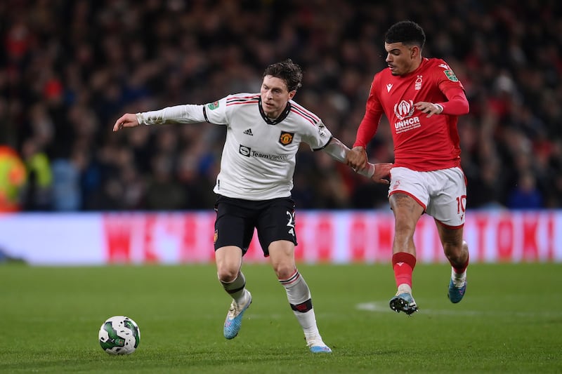 United's Victor Lindelof is challenged by Morgan Gibbs-White of Nottingham Forest. Getty