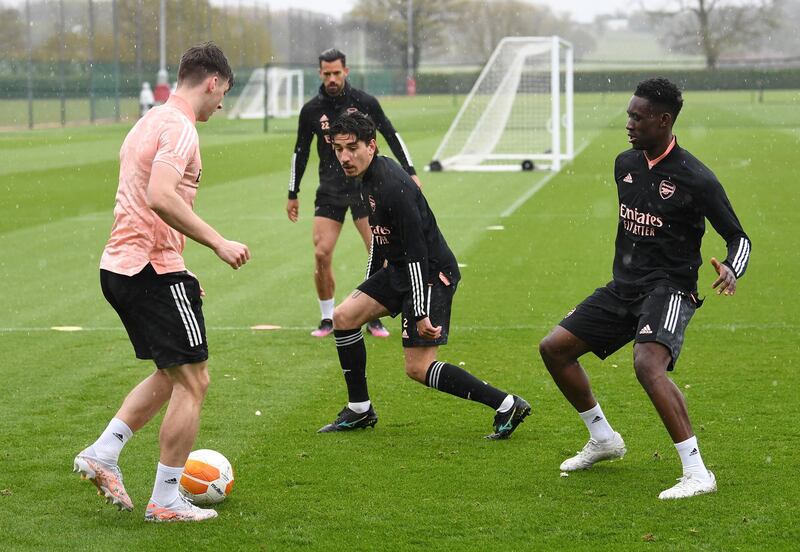 ST ALBANS, ENGLAND - MAY 05: Kieran Tierney, Hector Bellerin and Flo Balogun of Arsenal during the Arsenal 1st team training session at London Colney on May 05, 2021 in St Albans, England. (Photo by David Price/Arsenal FC via Getty Images)