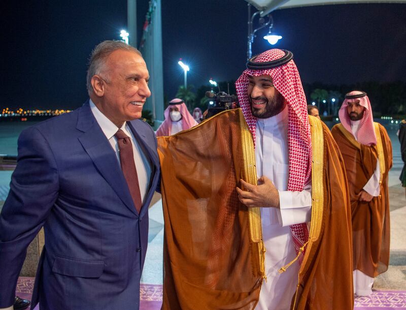 Saudi Arabia's Crown Prince Mohammed bin Salman meets Iraqi Prime Minister Mustafa Al Kadhimi, upon his arrival in Jeddah, Saudi Arabia. Reuters
