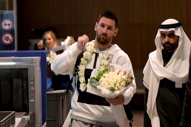 Paris Saint-Germain's Argentine star Lionel Messi upon arrival in Riyadh on Thursday, January 19, 2023. PSG play a friendly later in the day against a Saudi All-Star XI,  including All Nassr's new signing Cristiano Ronaldo. AFP