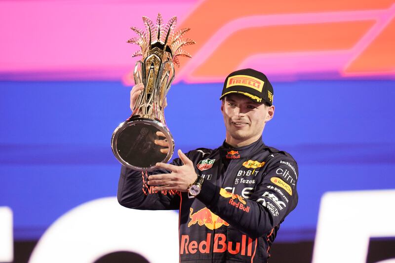 Red Bull's Max Verstappen celebrates after winning the Saudi Arabian Grand Prix in Jeddah on March 27, 2022. AP