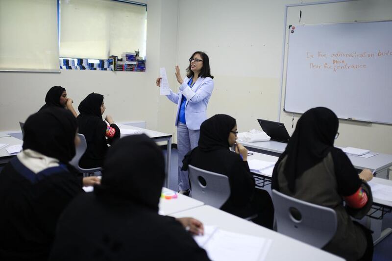 Female Emirati students attending a phase 1 sales class as part of the YES program at the Institute of Applied Technology in Dubai. Sarah Dea / The National

