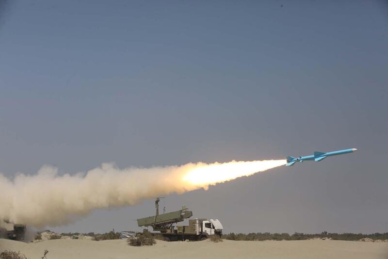 Iranian rockets being fired during a military exercise in the Gulf, near the strategic strait of Hormuz in southern Iran during a drill. AFP, HO via Iranian Army website