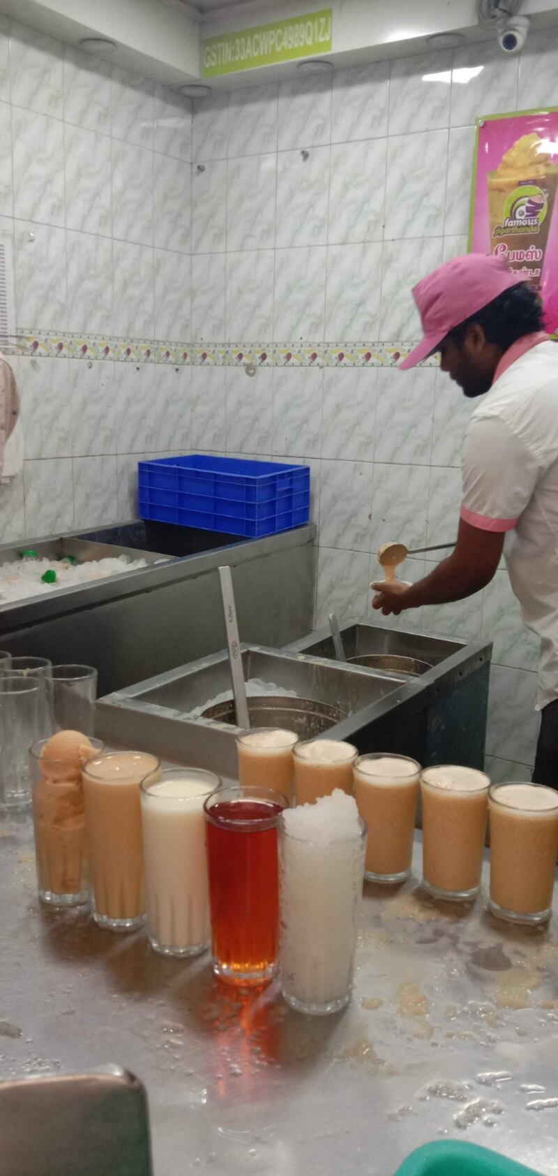 The ingredients that go into jigarthanda, of which badam pisin or almond sap, far right, gives the drink its distinct taste and texture