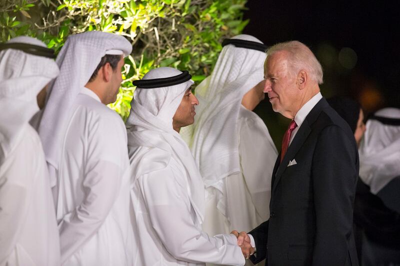 ABU DHABI, UNITED ARAB EMIRATES - March 07, 2016: HE Yousef Al Otaiba, UAE Ambassador to the USA and Mexico (3rd L), greets Joe Biden, Vice President of the United States of America (R), prior to a dinner meeting at Emirates Palace.
( Ryan Carter / Crown Prince Court - Abu Dhabi )
--- *** Local Caption ***  20160307RC_C130467.JPG