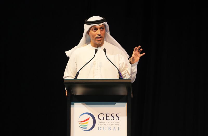 Ahmad Belhoul Al Falasi, UAE Education Minister speaking at the Global Educational Supplies & Solutions (GESS) held at Dubai World Trade Centre in Dubai. Pawan Singh / The National