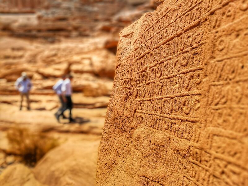 Ancient inscriptions carved into Jabal Ikmah in AlUla, which is hosting its inaugural World Archaeology Summit. Photo: AlUla World Archaeology Summit