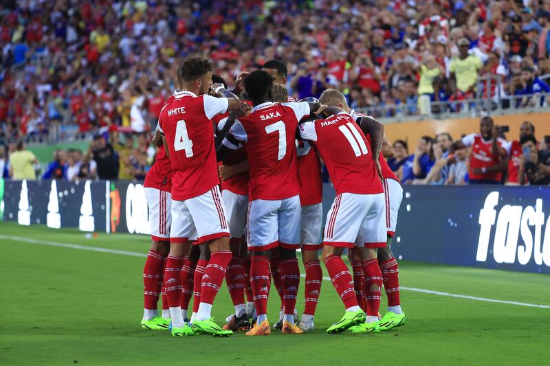 Arsenal players celebrate Gabriel Jesus's opening goal against Chelsea. Getty
