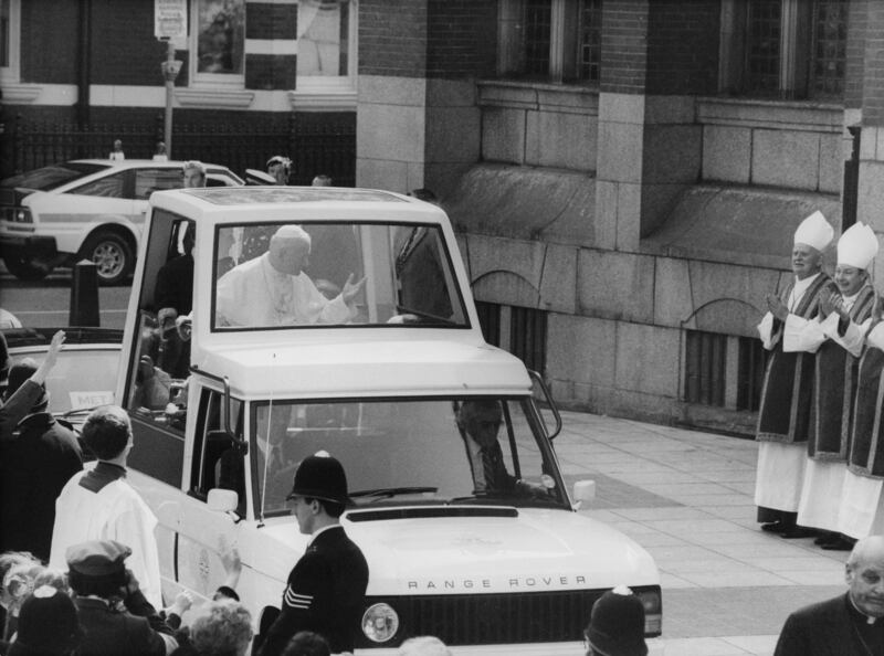Pope John Paul II arrives at Westminster Cathedral in his modified Range Rover 'popemobile', on the first day of his visit to the UK in 1982