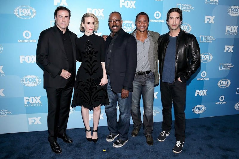 The cast of season one of American Crime Story, which will focus on the O J Simpson trial, from left, John Travolta, Sarah Paulson, Courtney B Vance, Cuba Gooding Jr and David Schwimmer. Getty Images / AFP