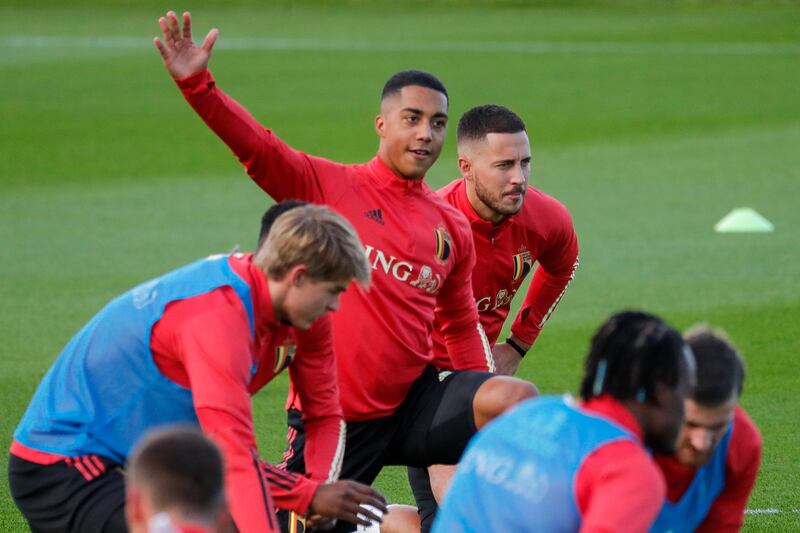 Belgian players Youri Tielemans, left, and Eden Hazard during a training session in Tubize, Belgium. EPA