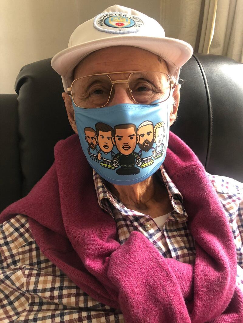 Even Geoffrey Rothband's facemasks are a tribute to Manchester City