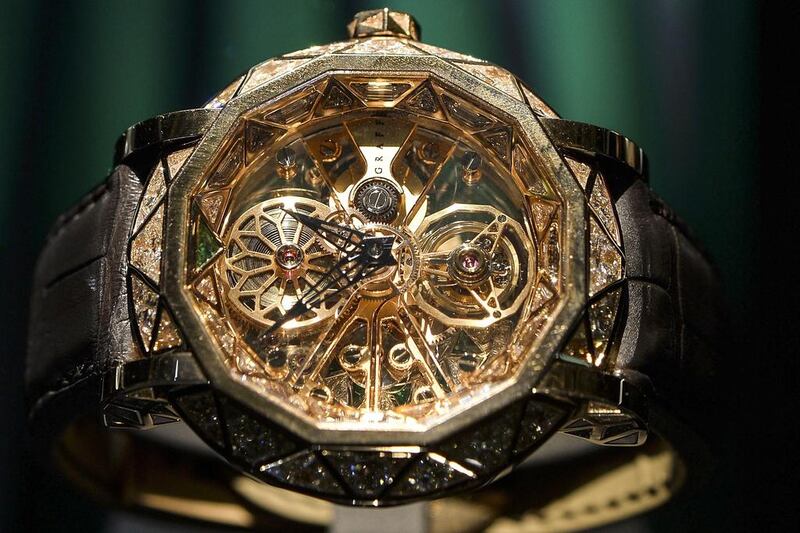 A MasterGraff Skeleton Tourbillon on display by the British jeweller and watchmaker Graff at Baselworld. Fabrice Coffrini / AFP