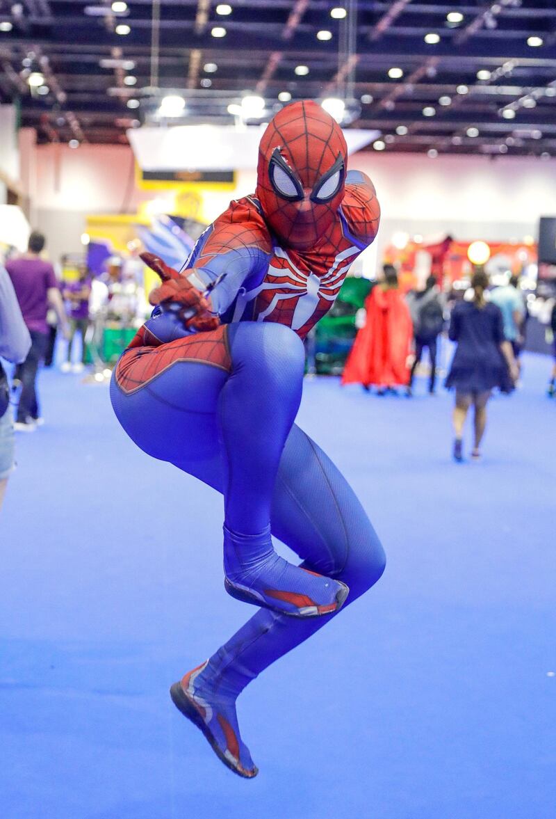 Dubai, April 12,2019.   MEFCC day 2-
Ali El Habti as Spiderman.
Victor Besa/The National.
Section:  Ac
Reporter:  Chris Newbould