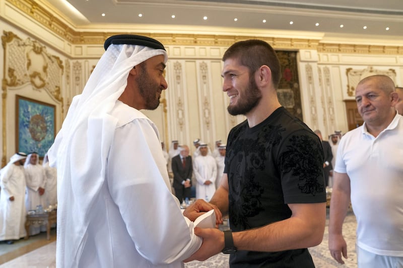 ABU DHABI, UNITED ARAB EMIRATES - September 09, 2019: HH Sheikh Mohamed bin Zayed Al Nahyan, Crown Prince of Abu Dhabi and Deputy Supreme Commander of the UAE Armed Forces (L), receives Khabib Nurmagomedov, UFC Lightweight Champion and winner of UFC 242 Abu Dhabi (2nd L), during a Sea Palace barza.

( Mohamed Al Hammadi / Ministry of Presidential Affairs )
---