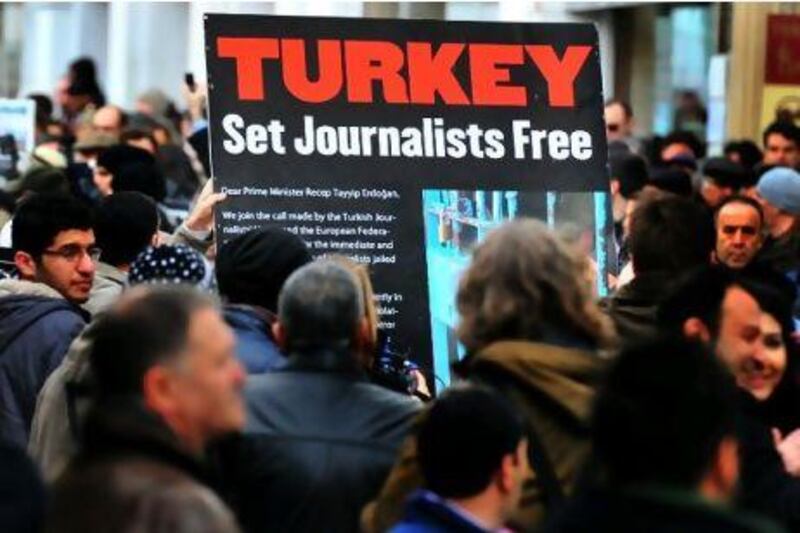 Journalists protest in Istabul last week. Police have arrested a number of journalists, in a clampdown on an alleged seditious secularist network. But the hard line may backfire on the government.