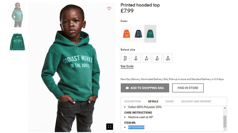 An undated photo of an advert for a hoodie by H&M. Clothing giant H&M has apologized Monday, Jan. 8, 2017, and removed an advertising image of a black model in a sweatshirt with the words â€œCoolest monkey in the jungle.â€™â€™ The brand removed the image, but kept in place other designs modeled by white children. (H&M via AP)