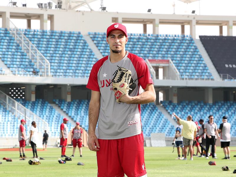 Palestine baseball player Yunis Halim at the Dubai International Cricket Stadium. Pawan Singh / The National