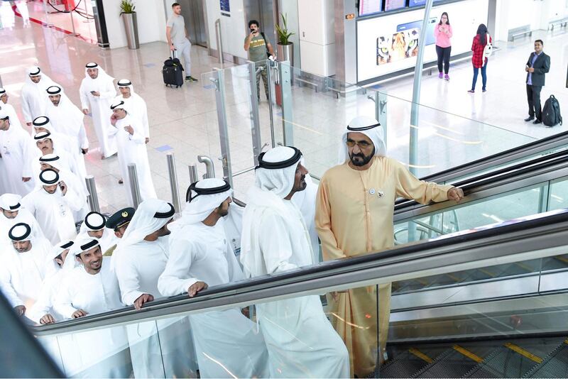 <p>Sheikh Mohammed bin Rashid speaks to Sheikh Ahmed bin Saeed&nbsp;during his inspection visit to Dubai airport. Wam</p>
