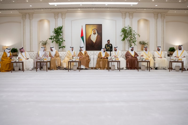 Sheikh Mansour bin Zayed, Vice President, Deputy Prime Minister and Minister of the Presidential Court, and Sheikh Khaled bin Mohamed bin Zayed, Crown Prince of Abu Dhabi, on Friday received at Mushrif Palace, crown princes and deputy rulers of the emirates, as well as other sheikhs and well-wishers, who came to greet them on Eid Al Fitr. All photos: Wam