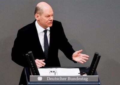 epa09136281 German Finance Minister Olaf Scholz speaks during a session of the German Bundestag in Berlin, Germany, 15 April 2021.  EPA/FILIP SINGER