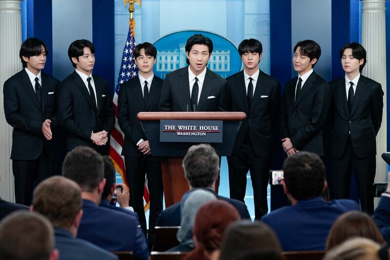 BTS members speak during the daily briefing at the White House. AP