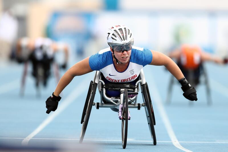 Hannah Cockcroft of Great Britain crosses the line to win the women's 100m T34 final on day four of the IPC World Para Athletics Championships 2019 in Dubai. Getty Images
