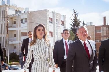 Queen Rania and King Abdullah visit the new premises of the Queen Rania Teacher Academy on January 27, 2019. Courtesy Queen Rania / Facebook