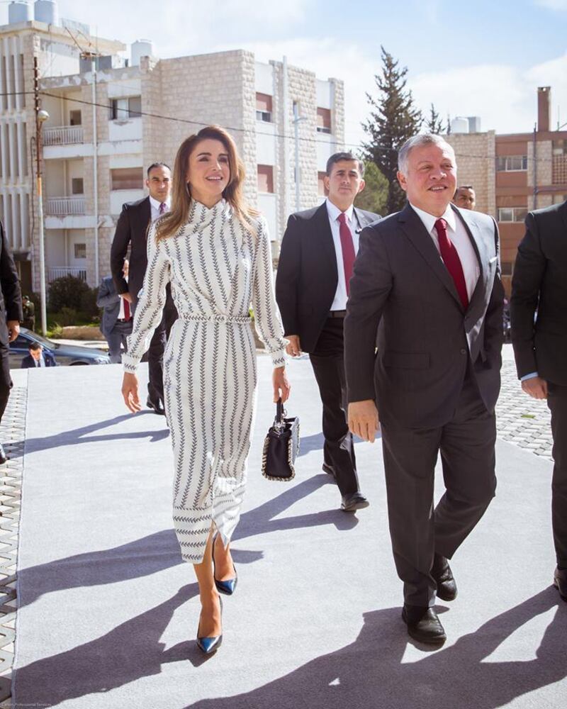 Queen Rania and King Abdullah visit the new premises of the Queen Rania Teacher Academy on January 27, 2019. Courtesy Queen Rania / Facebook