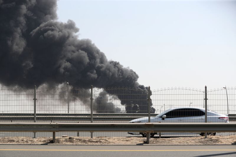 Smoke comes from a building in Jebel Ali, Dubai
