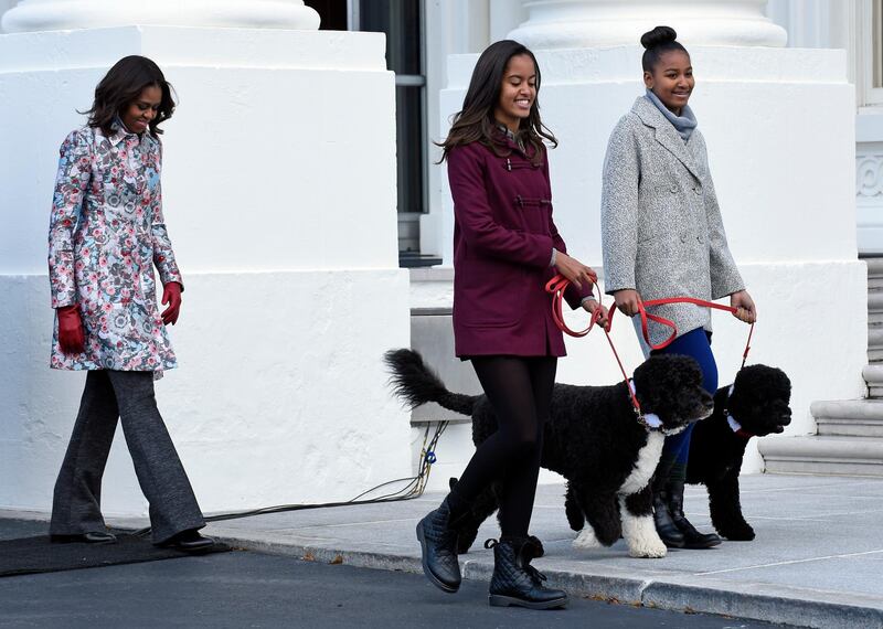 In this November 2014 photo, Michelle Obama, left, follows her daughters Malia, centre, and Sasha, as they arrive to welcome the official Christmas tree to the White House. Malia has Bo on a leash and Sasha has the family's other dog, Sunny, on a leash. AP