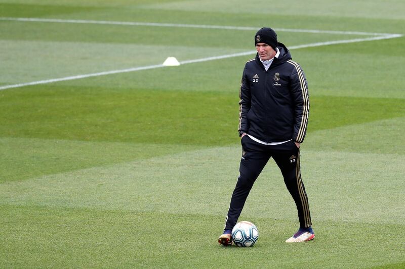 Real Madrid coach, Zinedine Zidane attends the team's training session at Valdebebas sport city. All pictures EPA