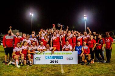 Bahrain players celebrate after beating Dubai Exiles in the final of the West Asia Premiership final. Courtesy Bahrain RFC